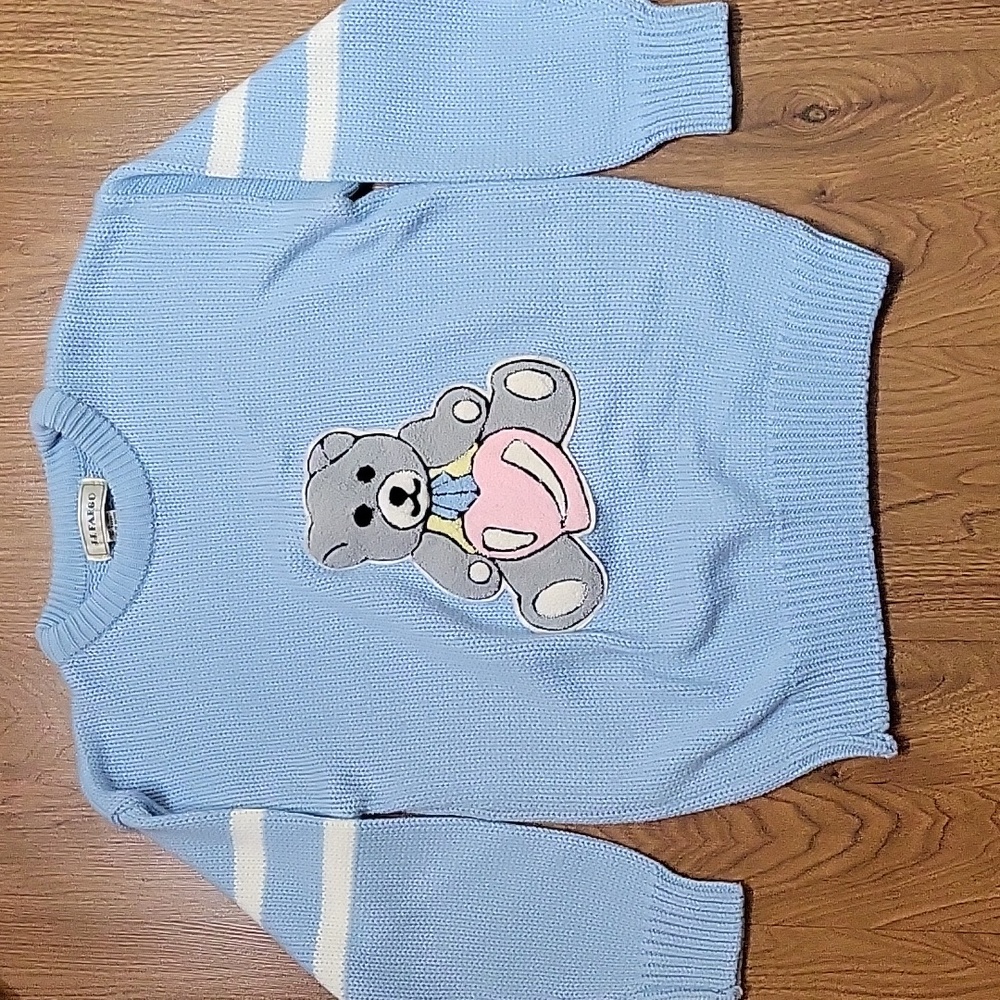 Vintage JJ Fargo Teddy Bear Sweater M Pastel Blue Y2K Chunky Knit Kawaii Cute